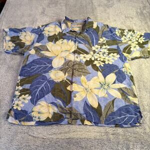 Tommy Bahama Silk Shirt Mens XL Tropical Hawaiian Blue Button Up 100% Silk